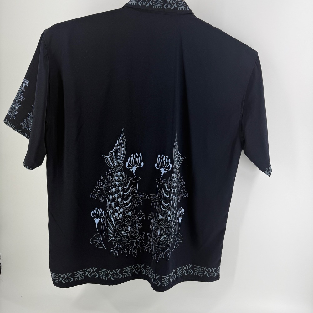 7 Diamonds Mens XL Black Koi Fish Tribal Graphic Button Down Short Sleeve Shirt - Picture 4 of 7